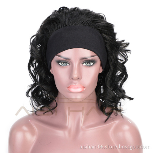 Aisi Hair Short Women Black Curly Wigs with Headband Heat Resistant Synthetic Fiber Wigs with Bandage For Lady